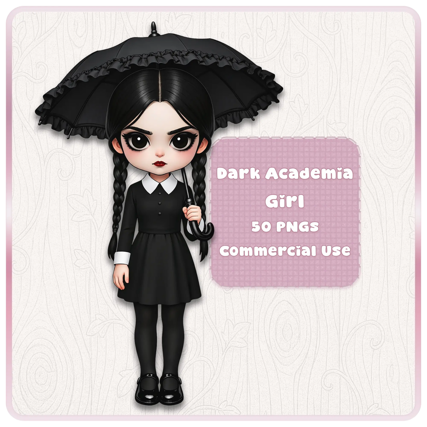 Dark academia girl clipart bundle with gothic school girl holding umbrella, Wednesday style aesthetic PNG set for sublimation and printables