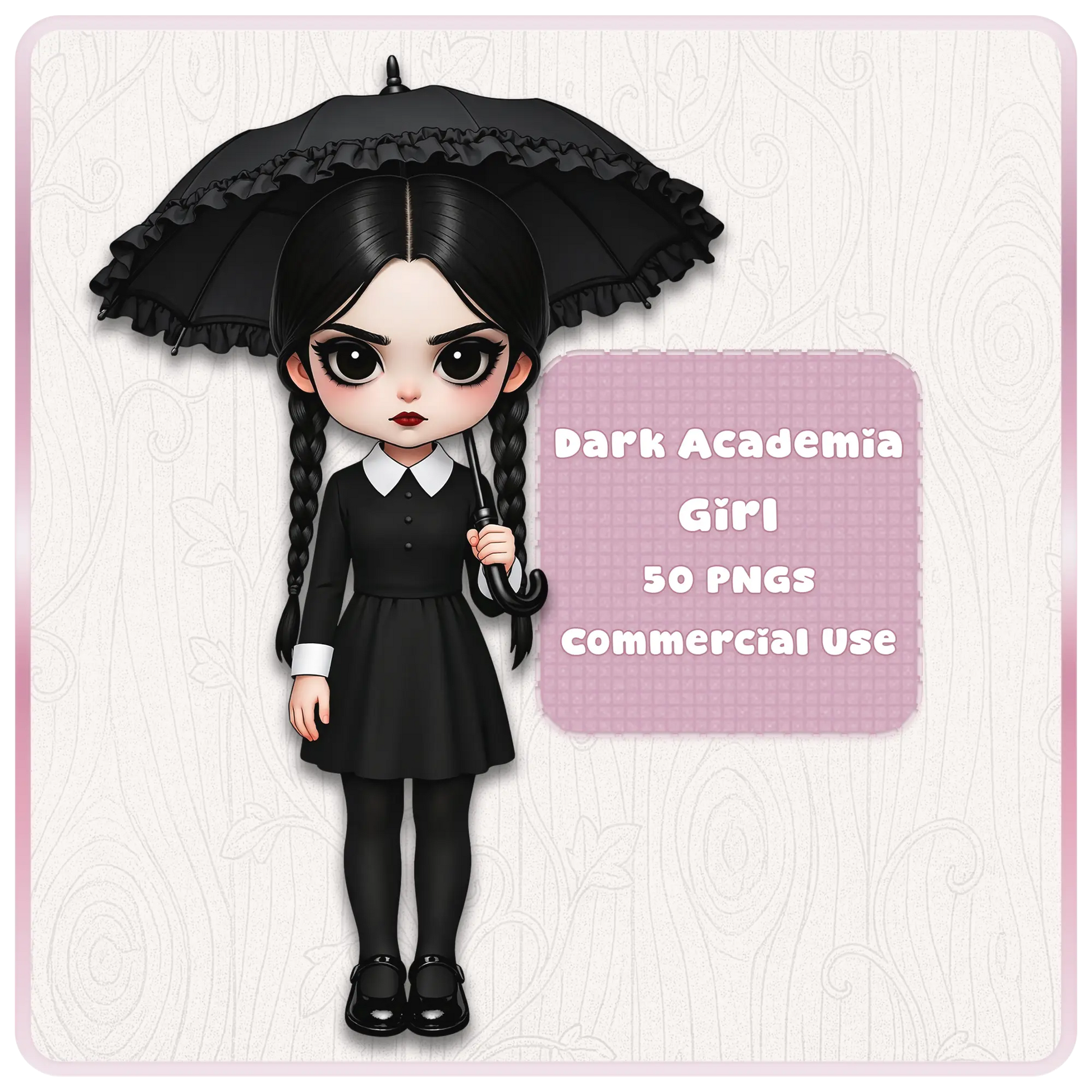 Dark academia girl clipart bundle with gothic school girl holding umbrella, Wednesday style aesthetic PNG set for sublimation and printables