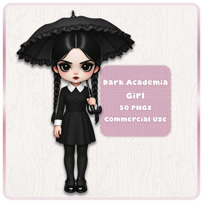 Dark academia girl clipart bundle with gothic school girl holding umbrella, Wednesday style aesthetic PNG set for sublimation and printables