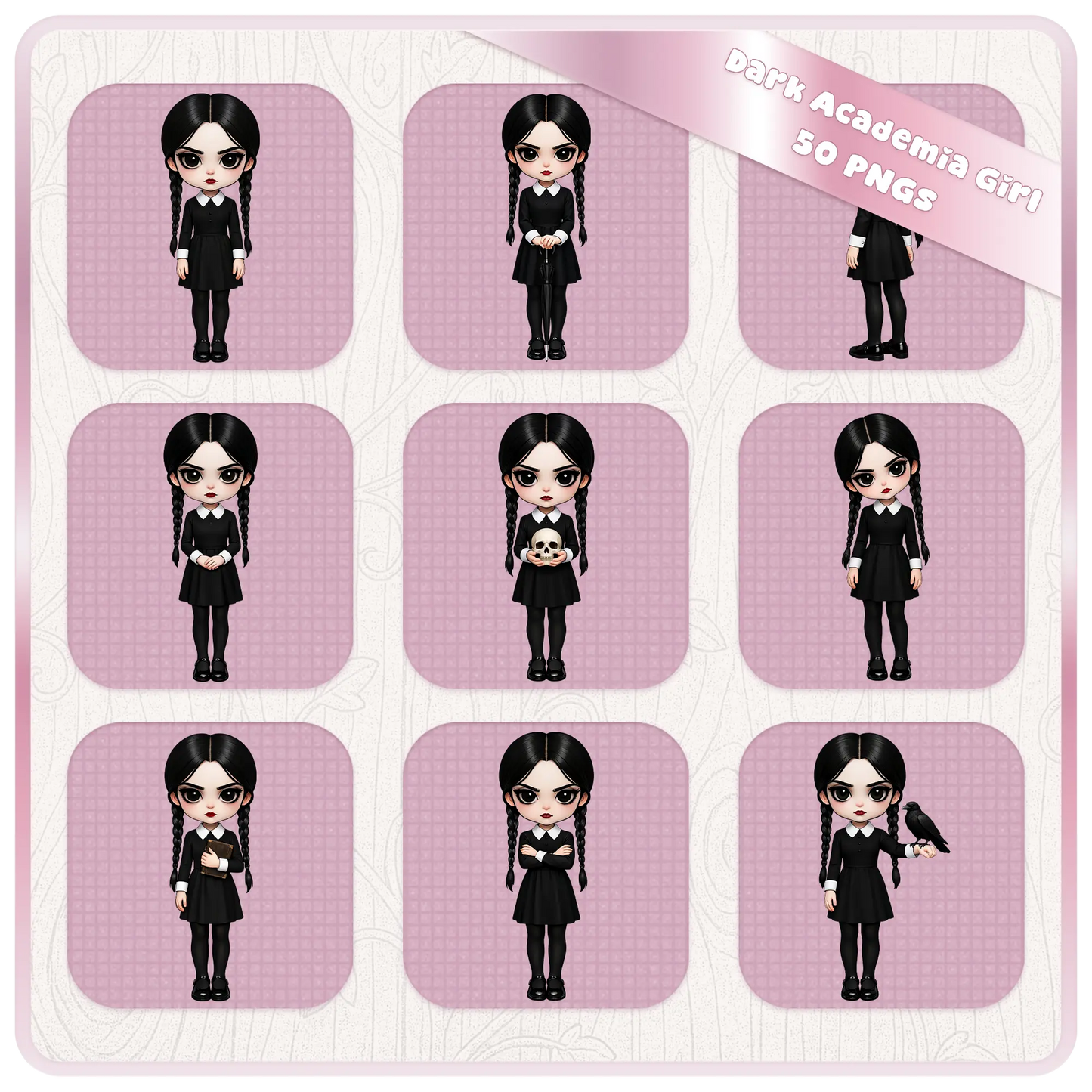 Dark academia girl clipart poses set with gothic school uniform character, braids hairstyle PNG bundle for stickers, planners, and sublimation
