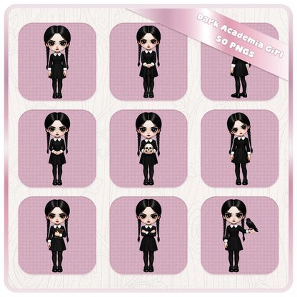 Dark academia girl clipart poses set with gothic school uniform character, braids hairstyle PNG bundle for stickers, planners, and sublimation