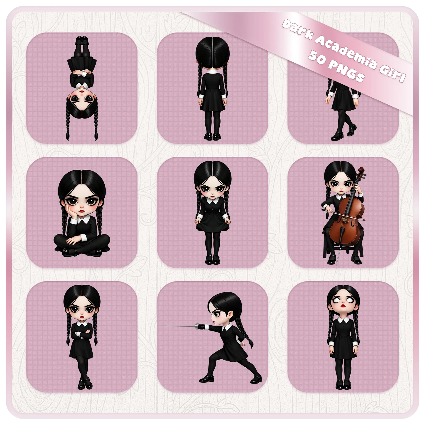 Gothic girl clipart collection with multiple poses including cello, skull, and raven, dark academia PNG set for Halloween and aesthetic designs