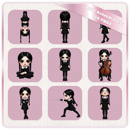 Gothic girl clipart collection with multiple poses including cello, skull, and raven, dark academia PNG set for Halloween and aesthetic designs