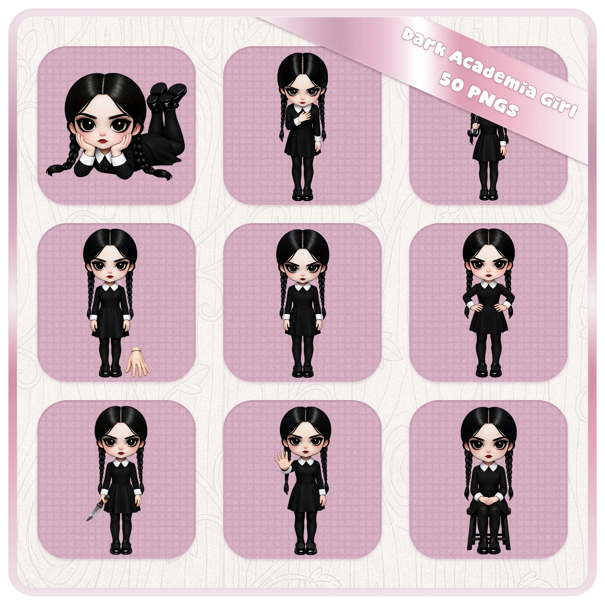 Dark academia girl clipart poses with expressive gothic character, black dress school girl PNG bundle for scrapbooking and digital art