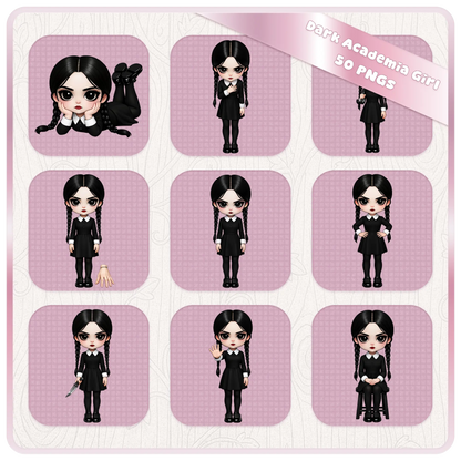 Dark academia girl clipart poses with expressive gothic character, black dress school girl PNG bundle for scrapbooking and digital art