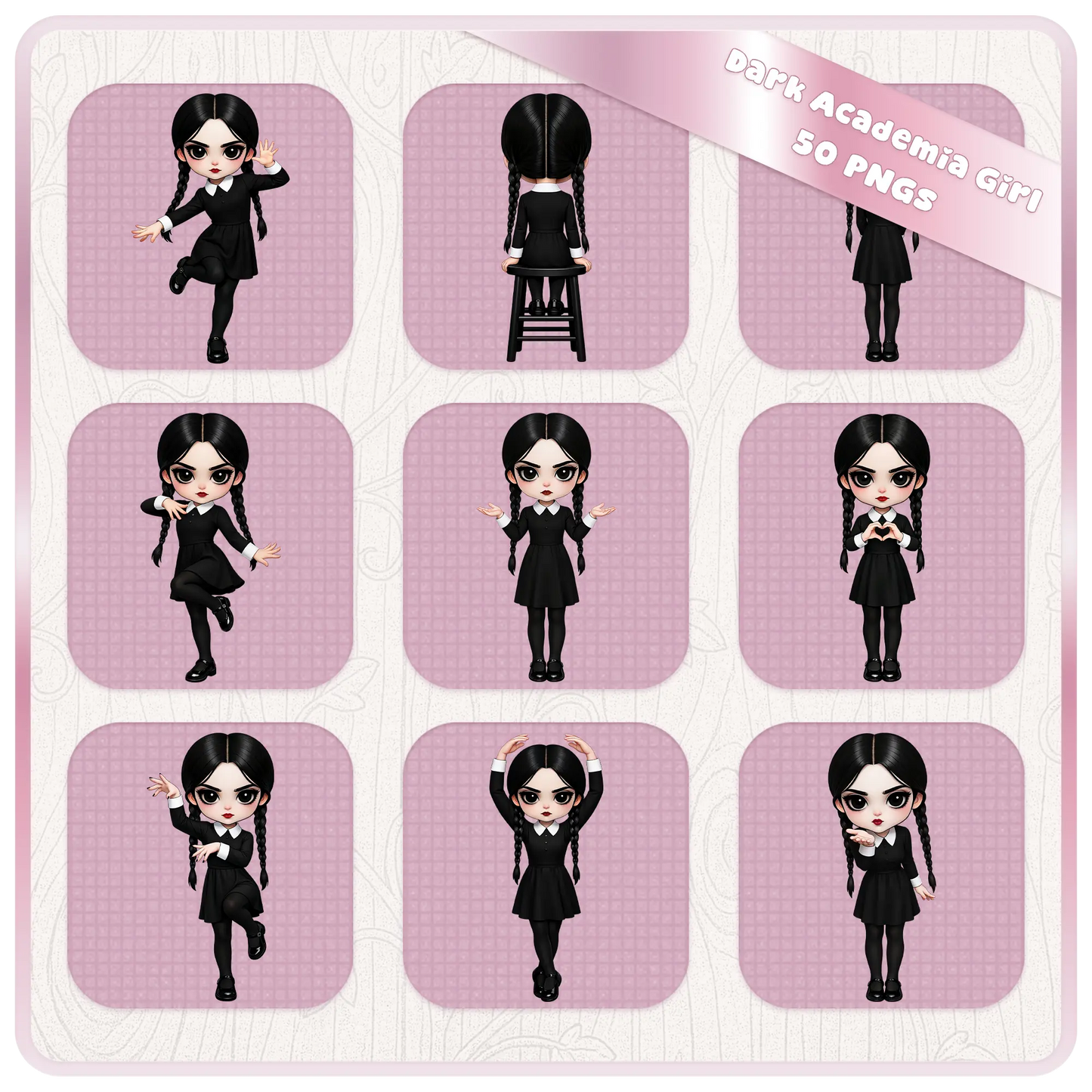 Dark academia girl dancing and action poses clipart set, gothic schoolgirl PNG collection for stickers, apparel, and sublimation designs