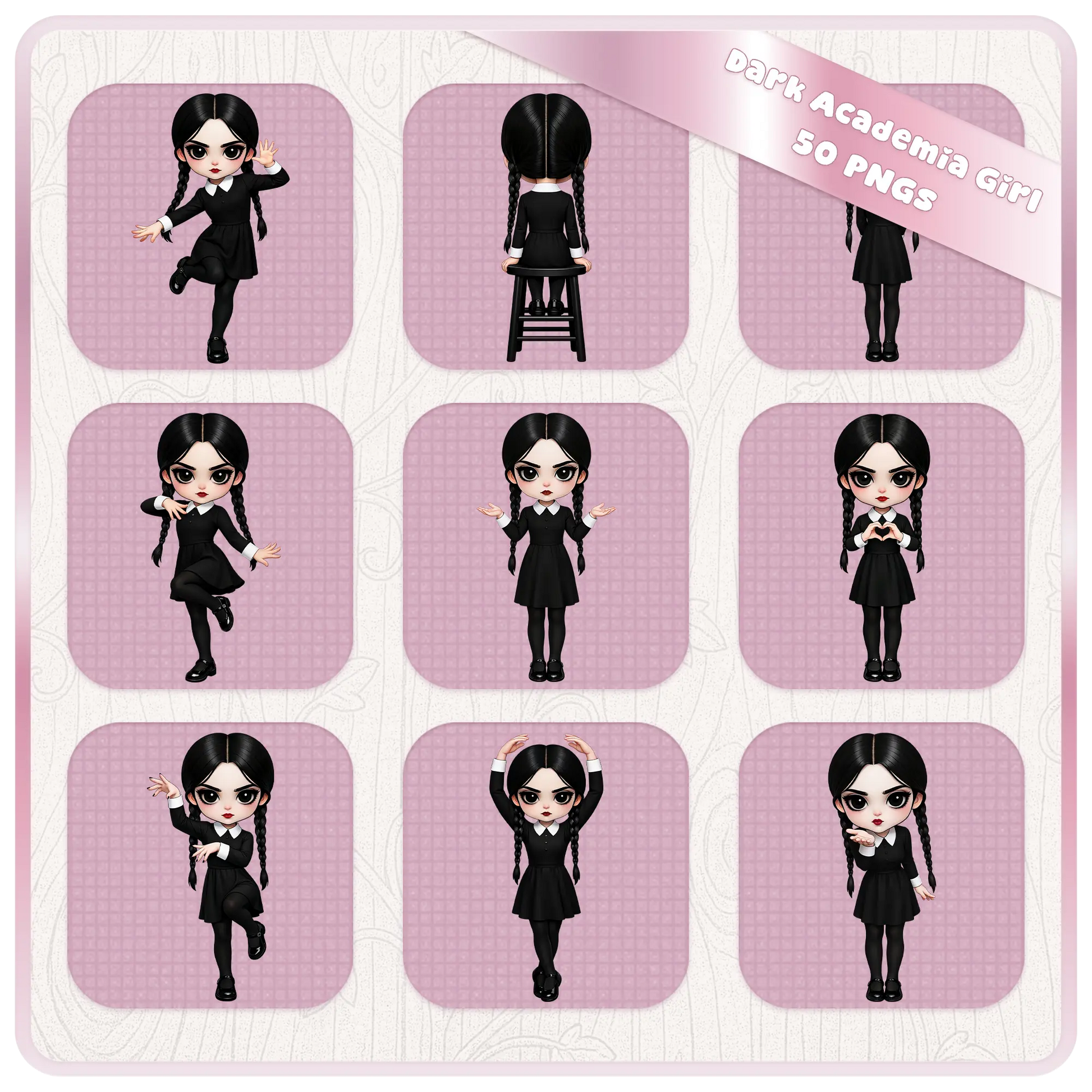 Dark academia girl dancing and action poses clipart set, gothic schoolgirl PNG collection for stickers, apparel, and sublimation designs