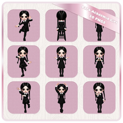 Dark academia girl dancing and action poses clipart set, gothic schoolgirl PNG collection for stickers, apparel, and sublimation designs
