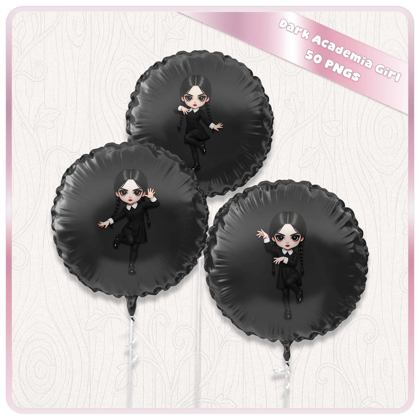 Dark academia girl clipart on black balloons mockup, gothic aesthetic PNG design for party decor, sublimation, and printable graphics