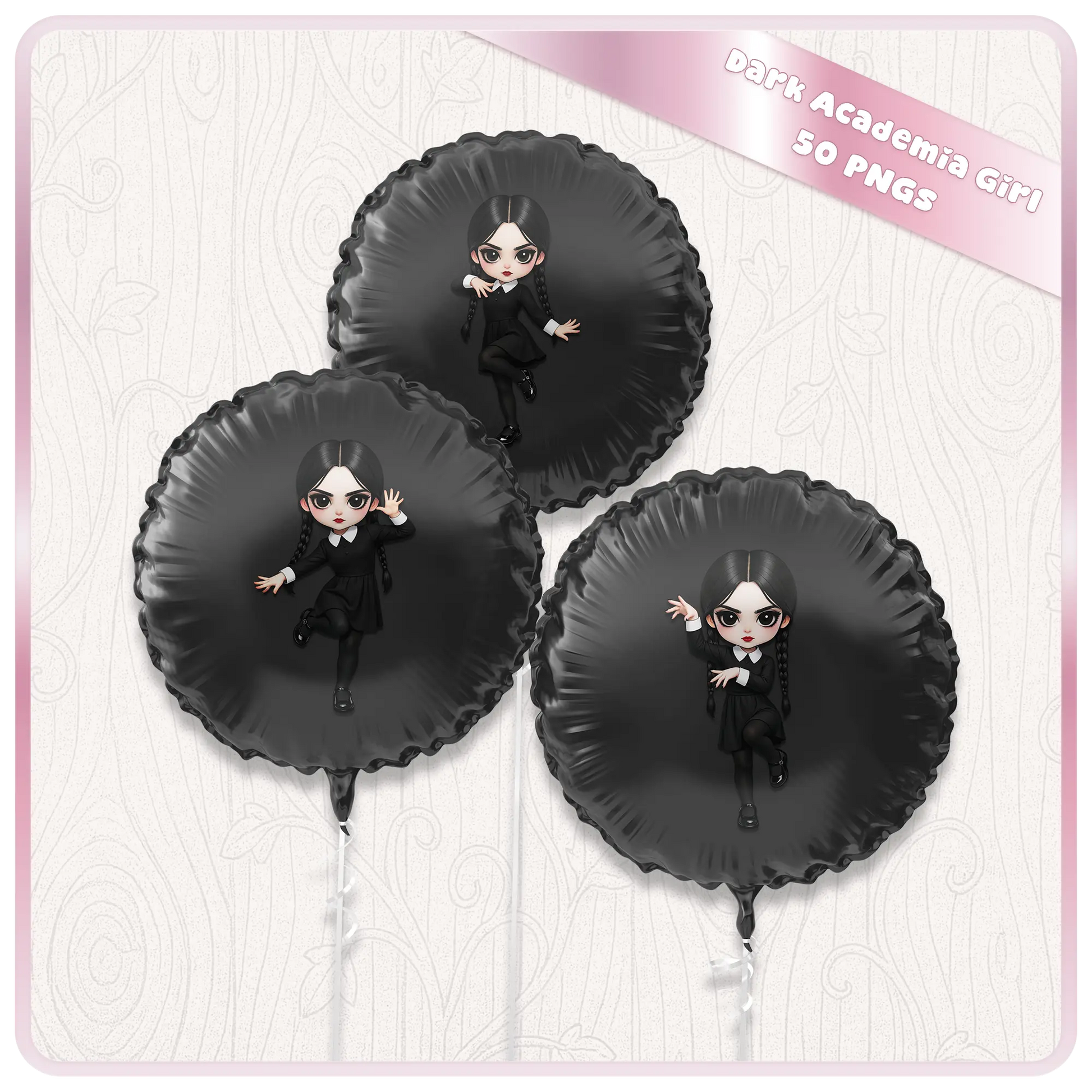 Dark academia girl clipart on black balloons mockup, gothic aesthetic PNG design for party decor, sublimation, and printable graphics