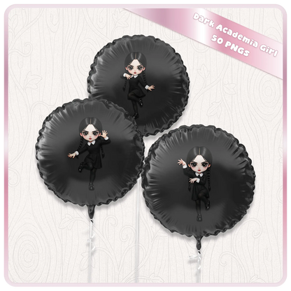 Dark academia girl clipart on black balloons mockup, gothic aesthetic PNG design for party decor, sublimation, and printable graphics