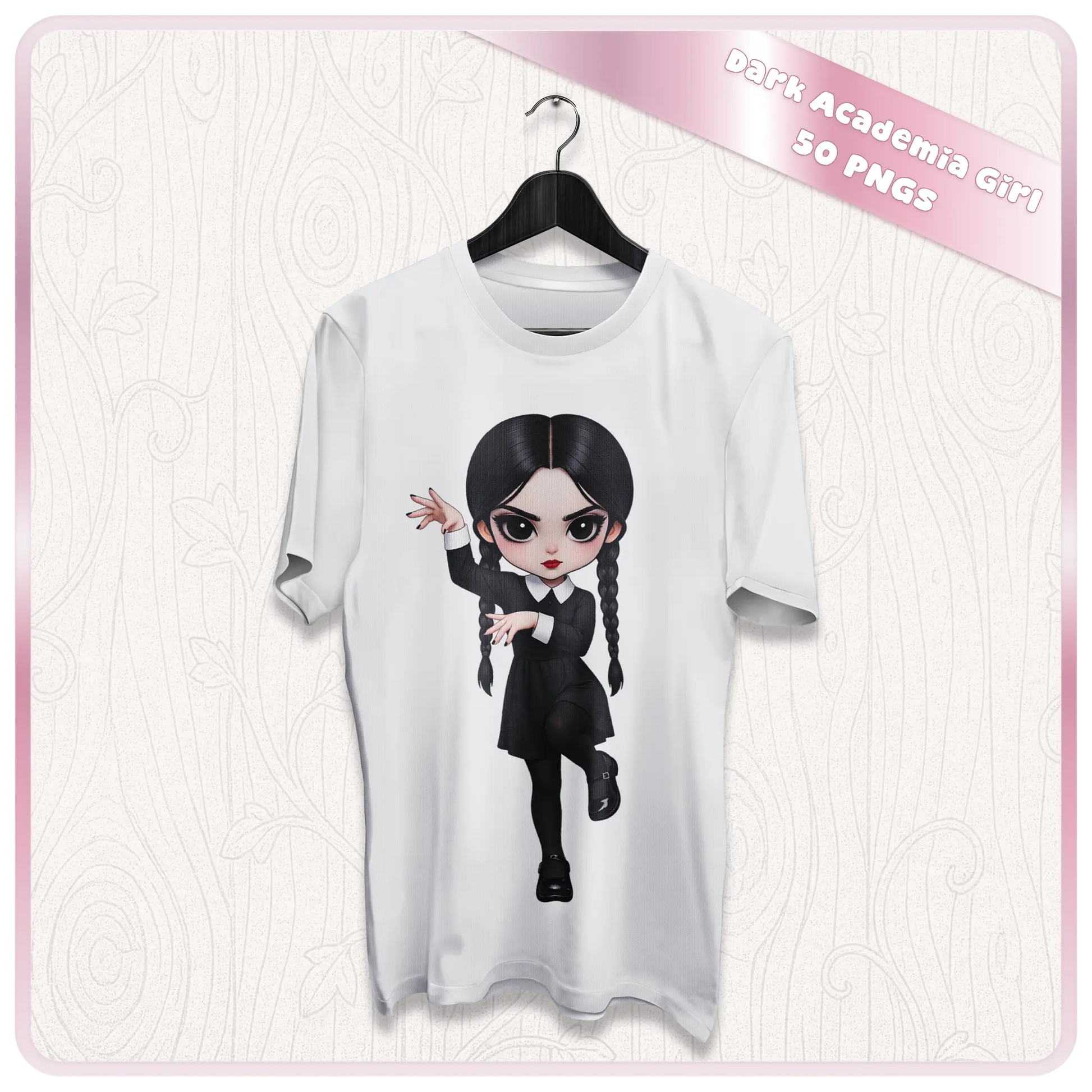 White t-shirt mockup with dark academia girl design, gothic schoolgirl PNG for sublimation apparel and aesthetic clothing prints