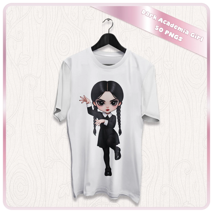 White t-shirt mockup with dark academia girl design, gothic schoolgirl PNG for sublimation apparel and aesthetic clothing prints