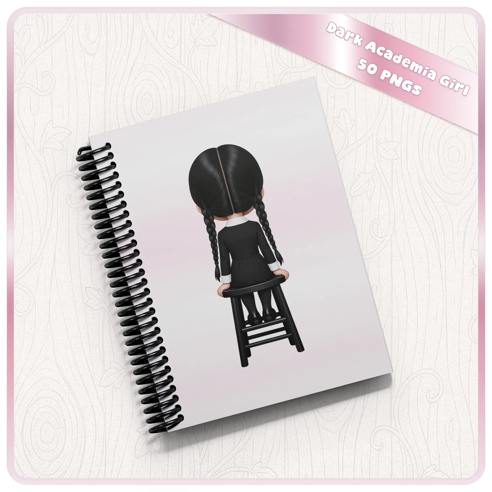 Notebook mockup with dark academia girl back view design, gothic aesthetic PNG for journaling covers, planners, and stationery