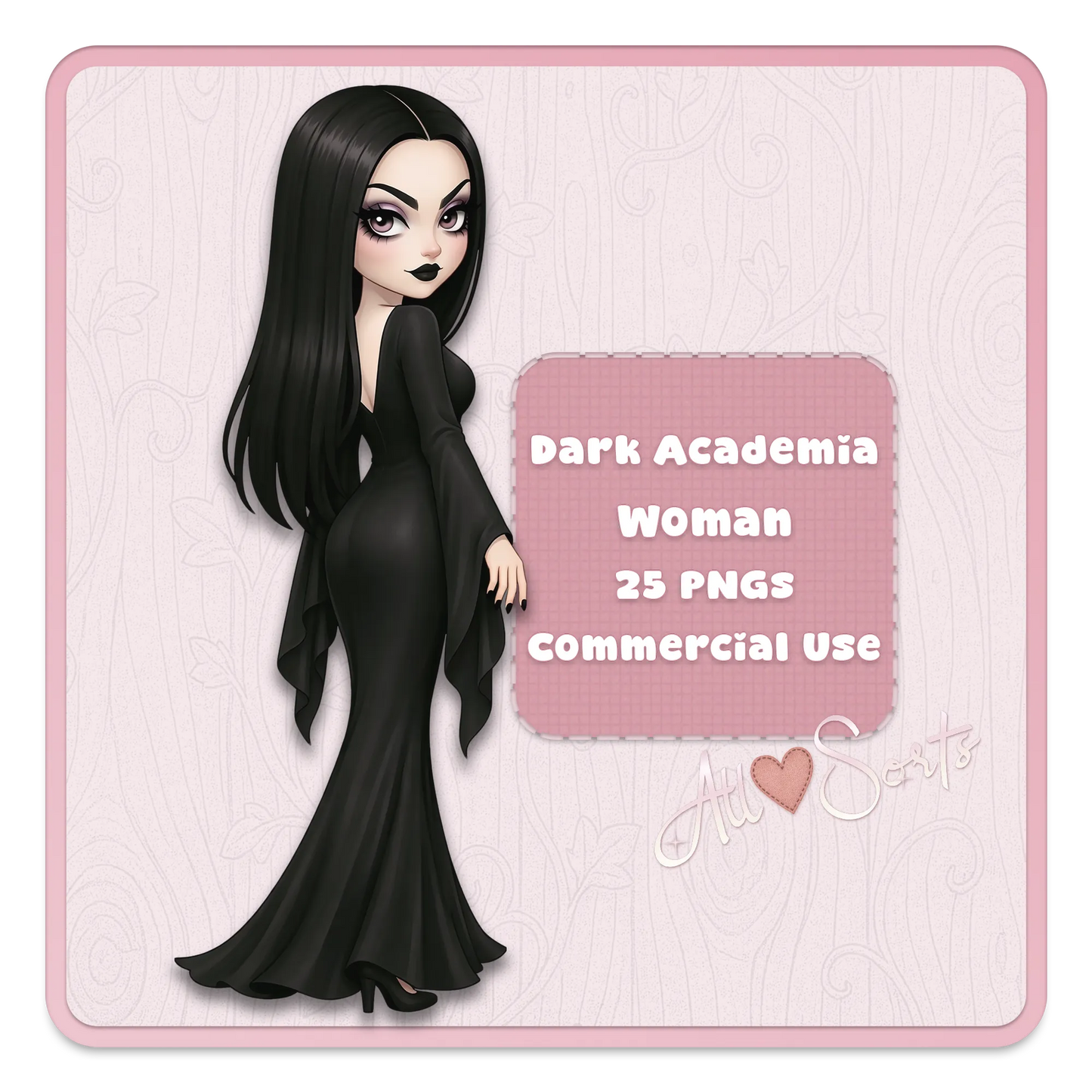 Dark academia woman clipart bundle, gothic elegant woman character PNG set in black dress for planners, stickers and crafts