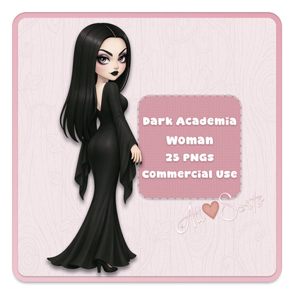 Dark academia woman clipart bundle, gothic elegant woman character PNG set in black dress for planners, stickers and crafts