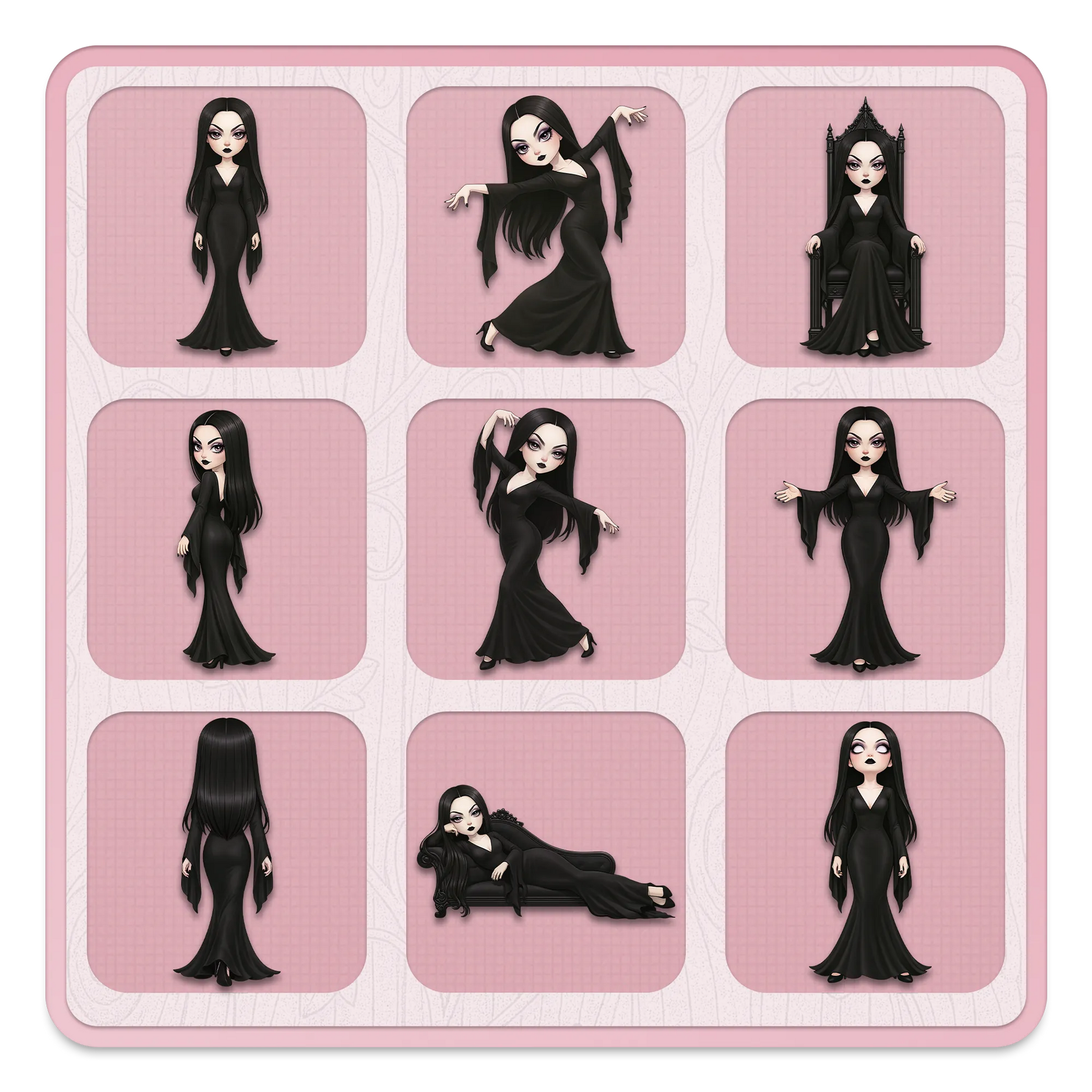 Dark academia gothic woman clipart set, elegant long black dress character PNG poses for journaling, scrapbooking and stickers