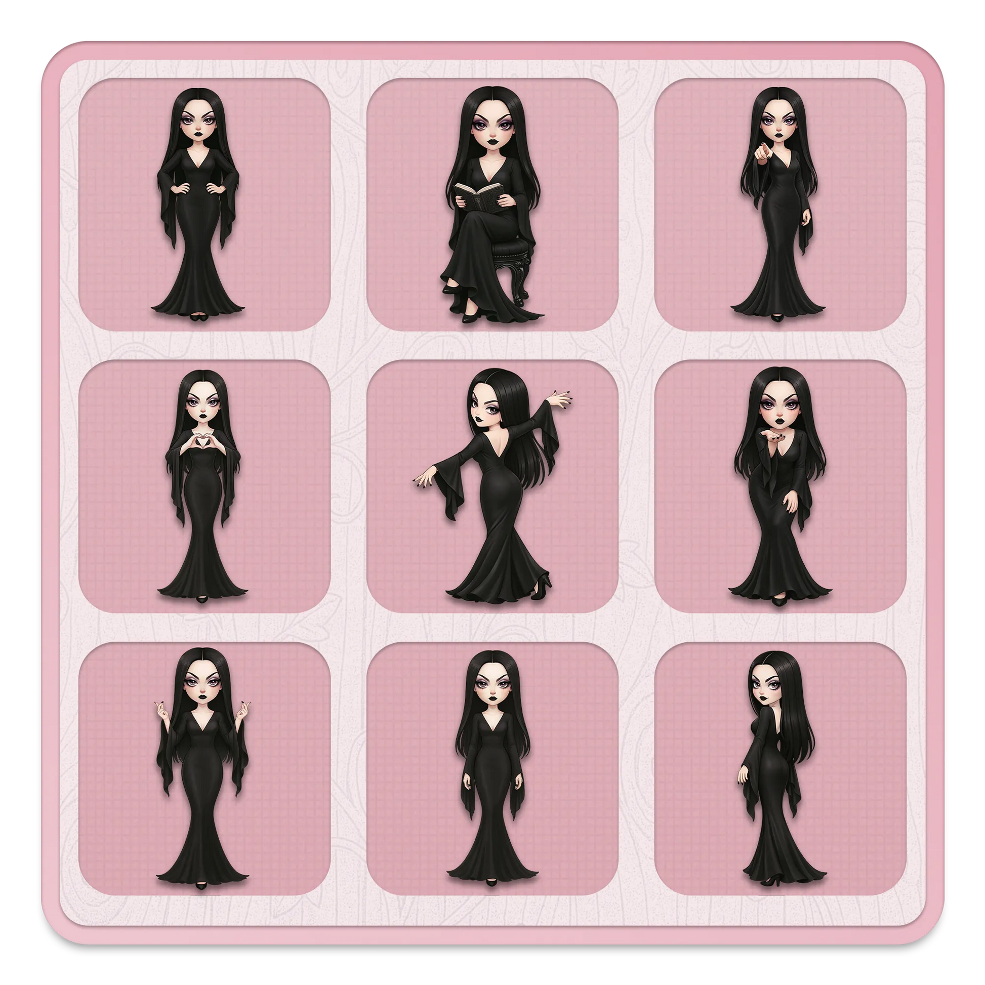 Dark academia gothic woman PNG clipart set, elegant black dress character poses for stickers, scrapbooking and crafts