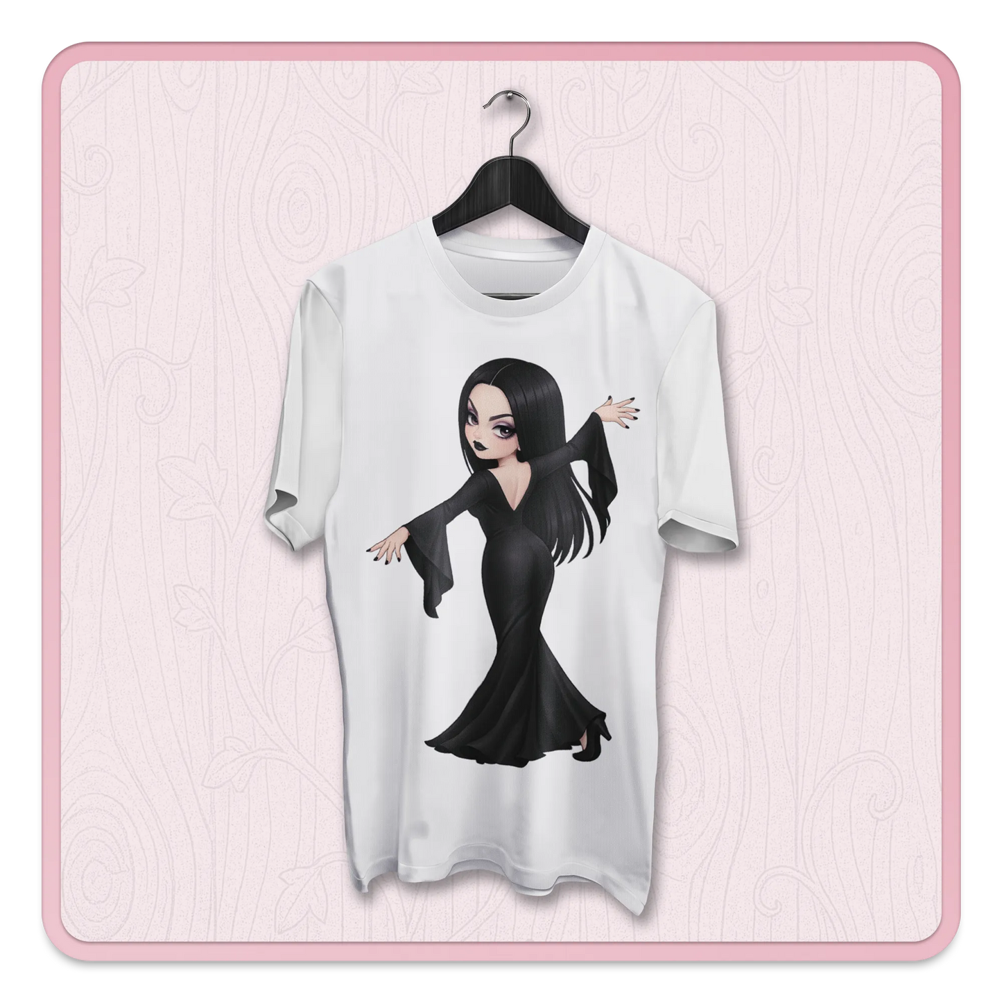 Dark academia gothic woman clipart on t-shirt mockup, elegant black dress character PNG for sublimation and print on demand