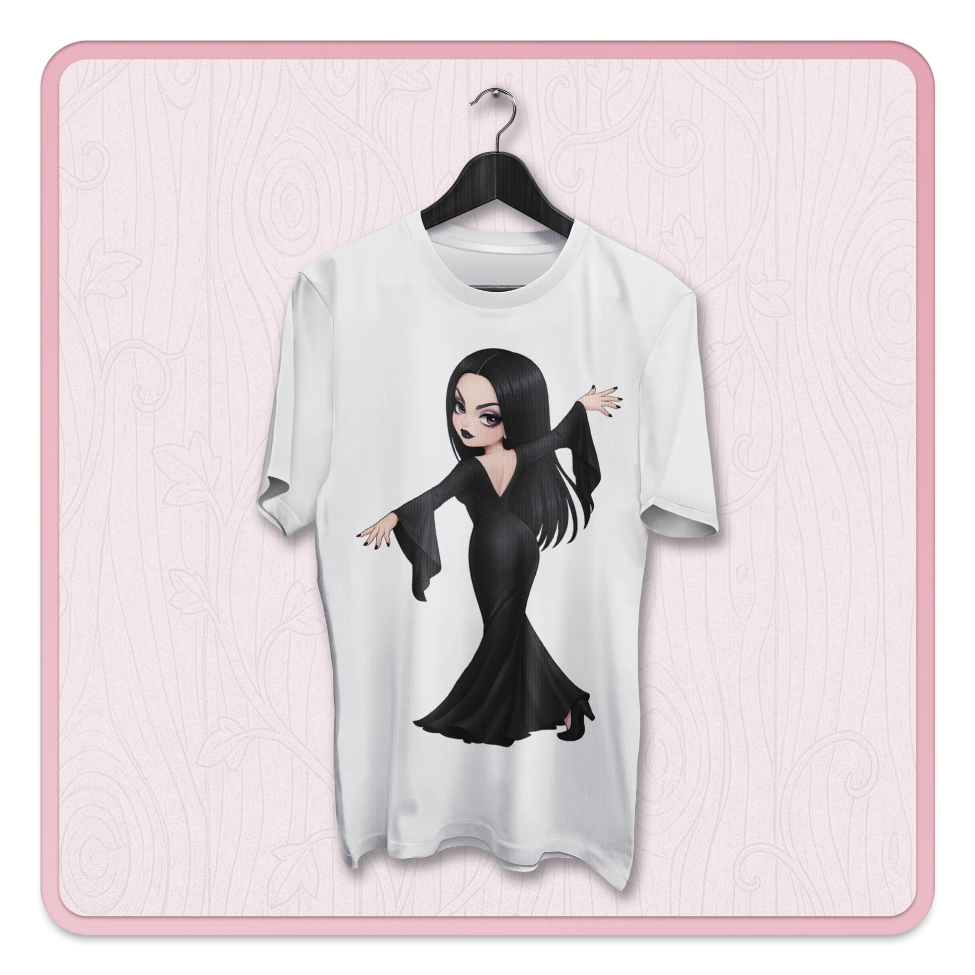 Dark academia gothic woman clipart on t-shirt mockup, elegant black dress character PNG for sublimation and print on demand