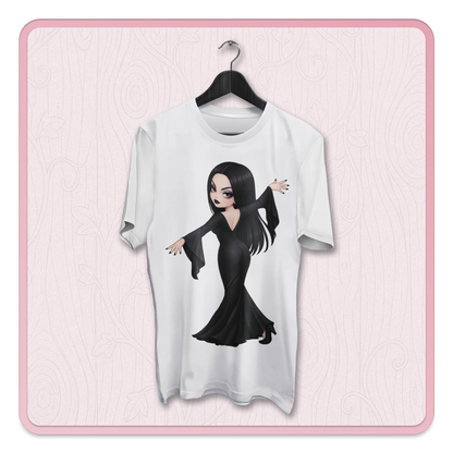 Dark academia gothic woman clipart on t-shirt mockup, elegant black dress character PNG for sublimation and print on demand
