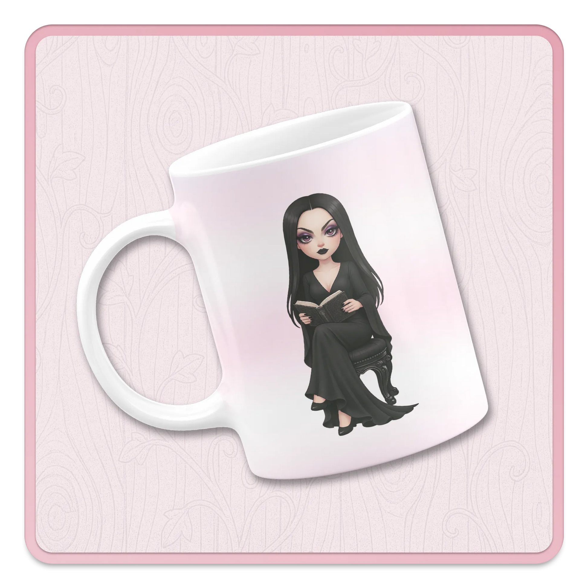 Dark academia woman reading clipart on mug mockup, gothic aesthetic lady PNG for sublimation gifts and stationery