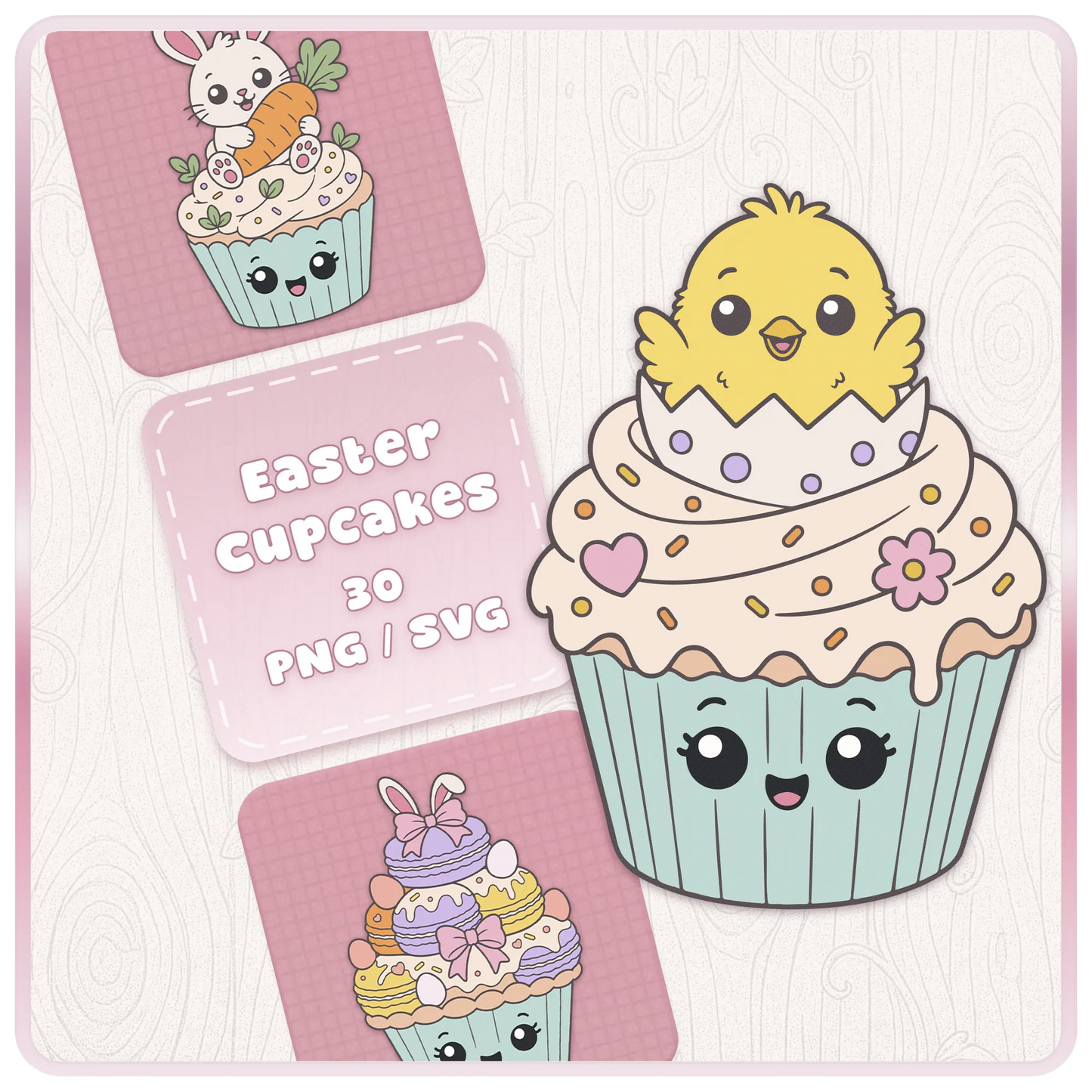 Easter Cupcakes SVG and PNG clipart bundle cover featuring cute chick cupcake, bunny cupcake, pastel frosting, Easter egg, carrot, and kawaii spring designs.