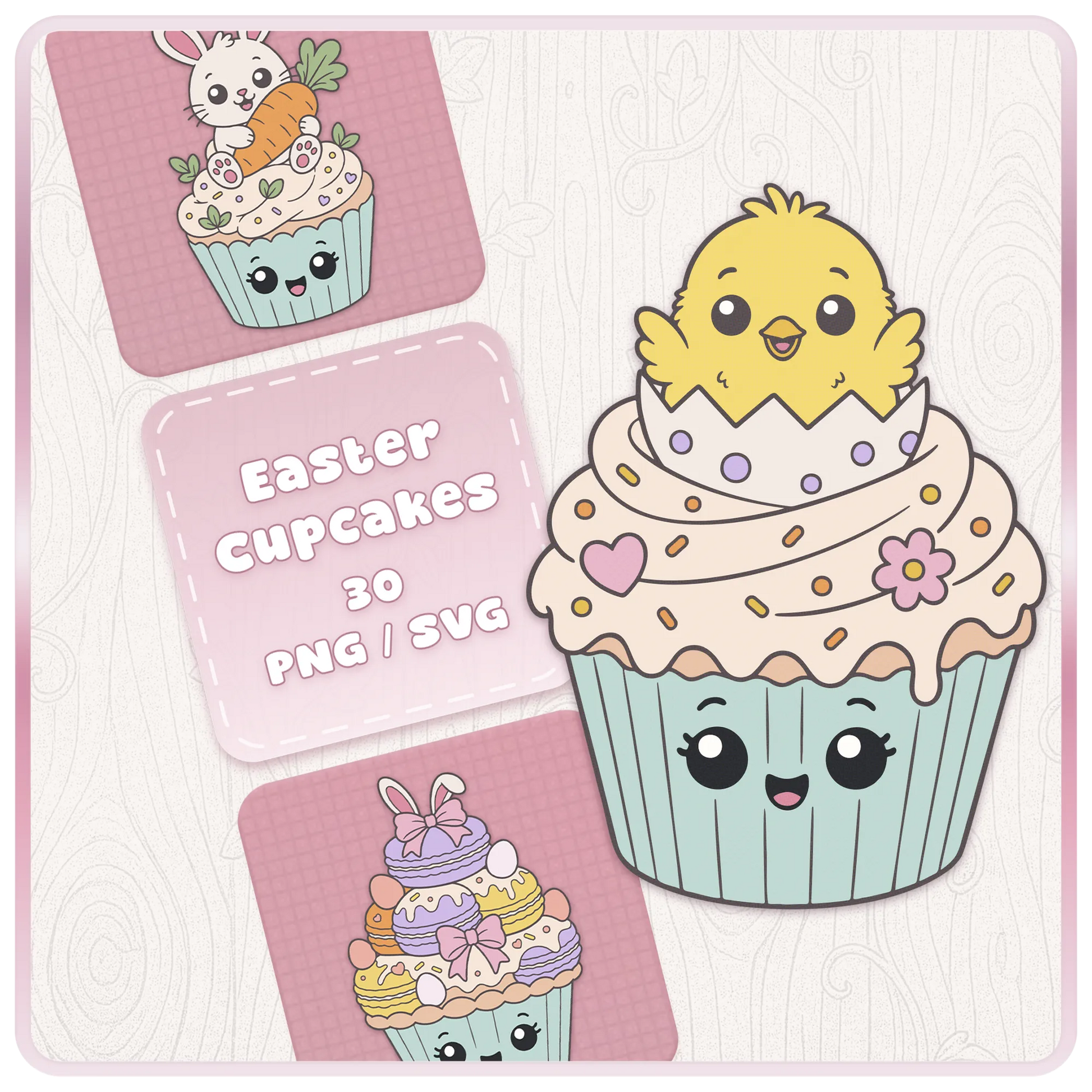 Easter Cupcakes SVG and PNG clipart bundle cover featuring cute chick cupcake, bunny cupcake, pastel frosting, Easter egg, carrot, and kawaii spring designs.