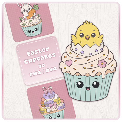 Easter Cupcakes SVG and PNG clipart bundle cover featuring cute chick cupcake, bunny cupcake, pastel frosting, Easter egg, carrot, and kawaii spring designs.