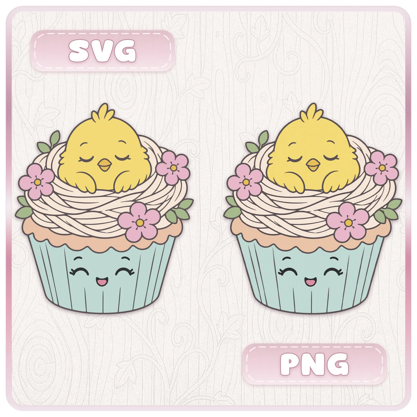 Easter cupcake SVG and PNG preview showing cute sleeping chick in a nest cupcake with pastel flowers, blue cupcake wrapper, and spring Easter clipart style.