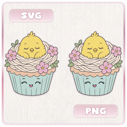 Easter cupcake SVG and PNG preview showing cute sleeping chick in a nest cupcake with pastel flowers, blue cupcake wrapper, and spring Easter clipart style.