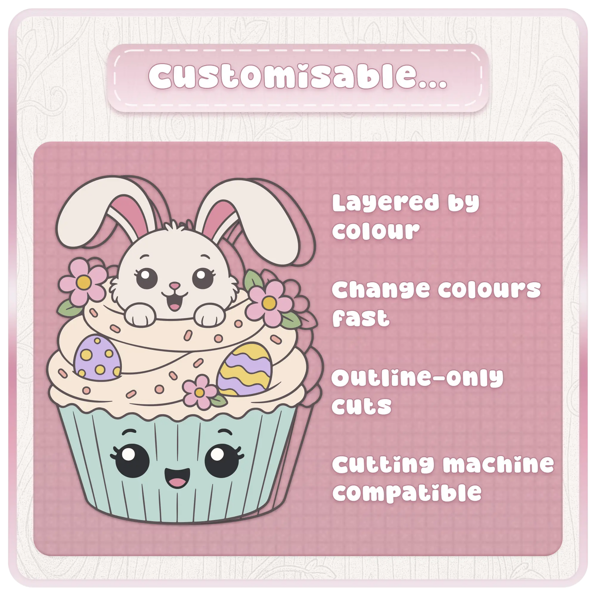 Customisable Easter cupcake SVG bundle preview showing layered-by-colour cut files, fast colour changes, outline-only cuts, and cutting machine compatible artwork.