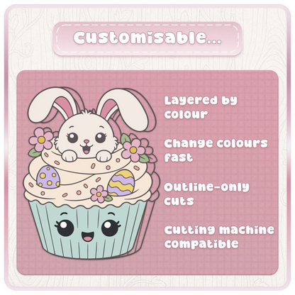Customisable Easter cupcake SVG bundle preview showing layered-by-colour cut files, fast colour changes, outline-only cuts, and cutting machine compatible artwork.
