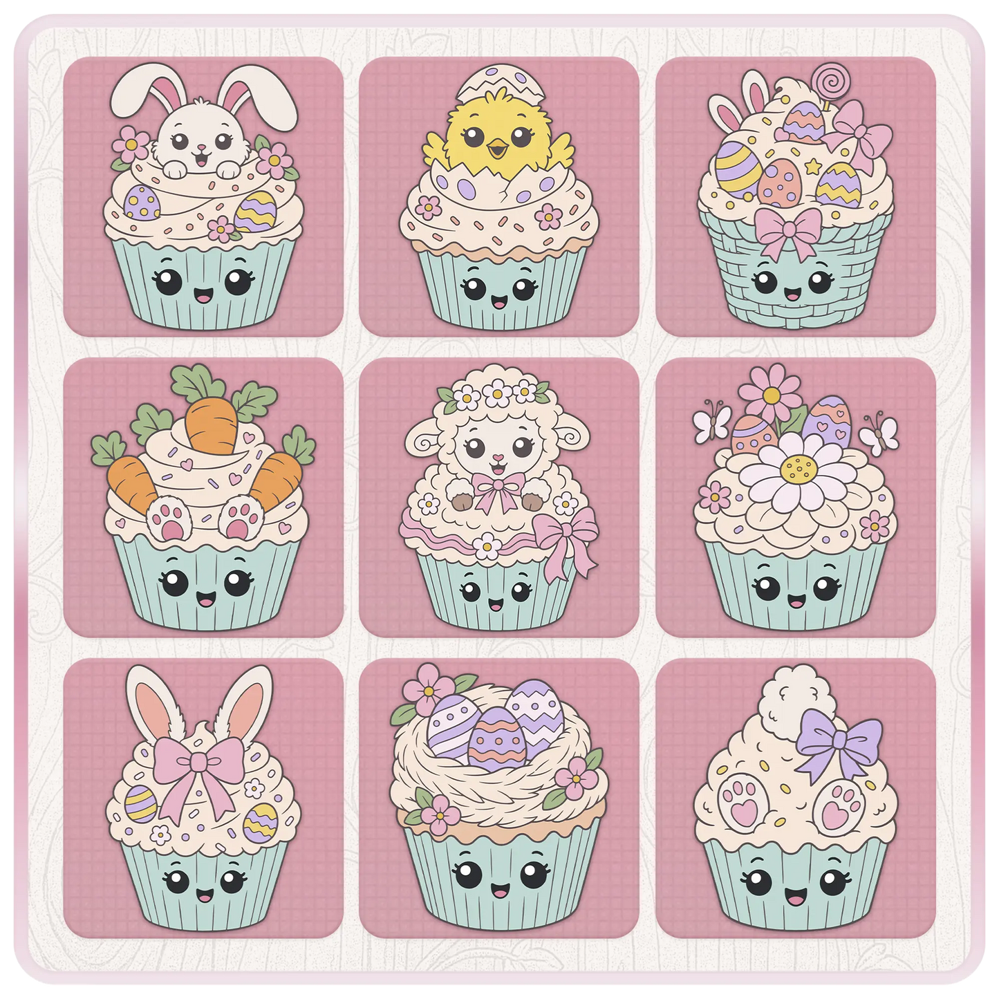 Easter cupcake clipart preview sheet featuring bunny, chick, Easter basket, carrot, lamb, spring flowers, bunny ears, nest, and pastel cupcake designs.