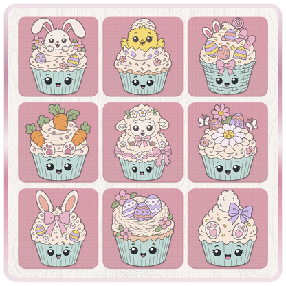 Easter cupcake clipart preview sheet featuring bunny, chick, Easter basket, carrot, lamb, spring flowers, bunny ears, nest, and pastel cupcake designs.