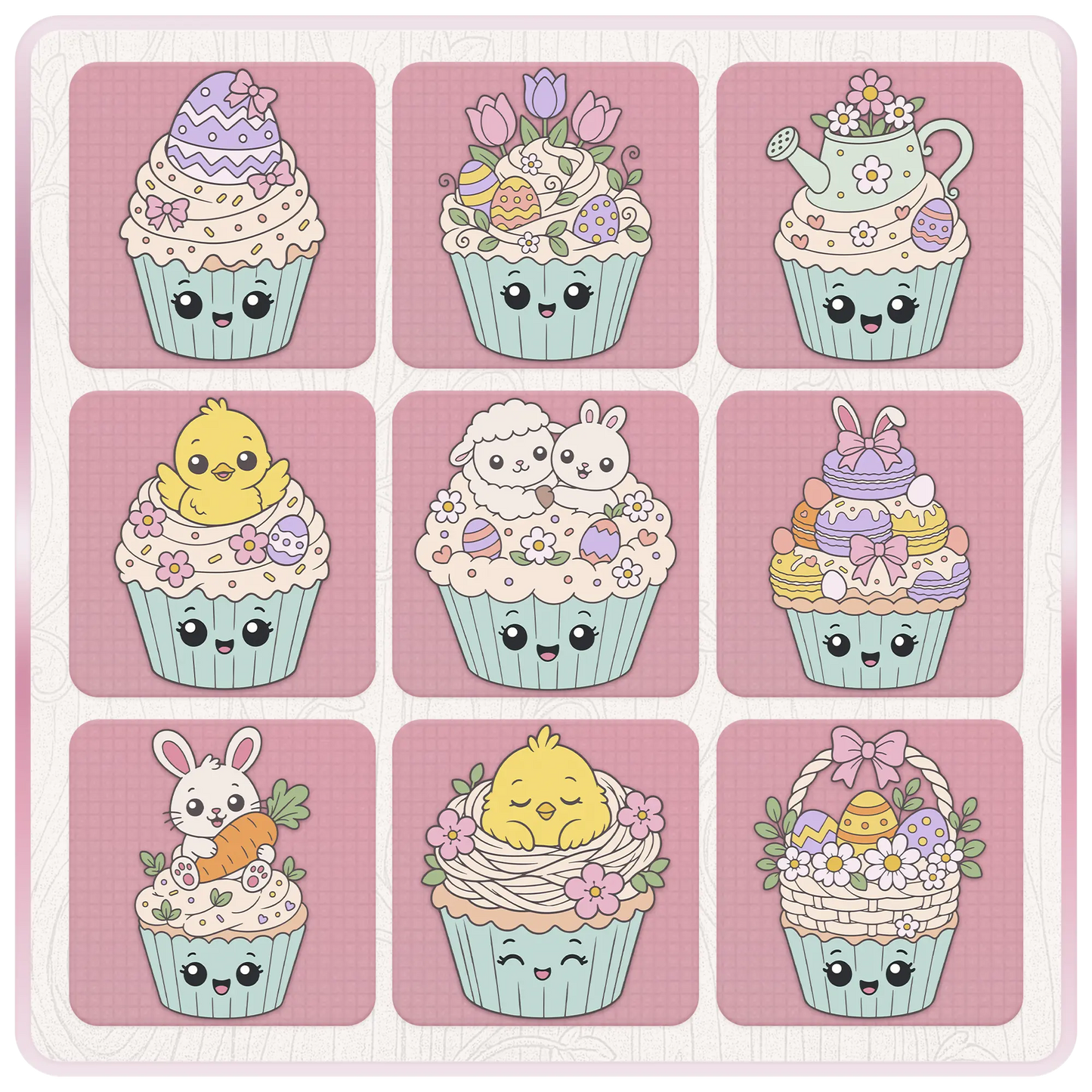 Easter cupcake SVG preview sheet with decorated Easter egg, tulips, watering can, chick, lamb and bunny, macaron stack, rabbit with carrot, bird nest, and Easter basket clipart.