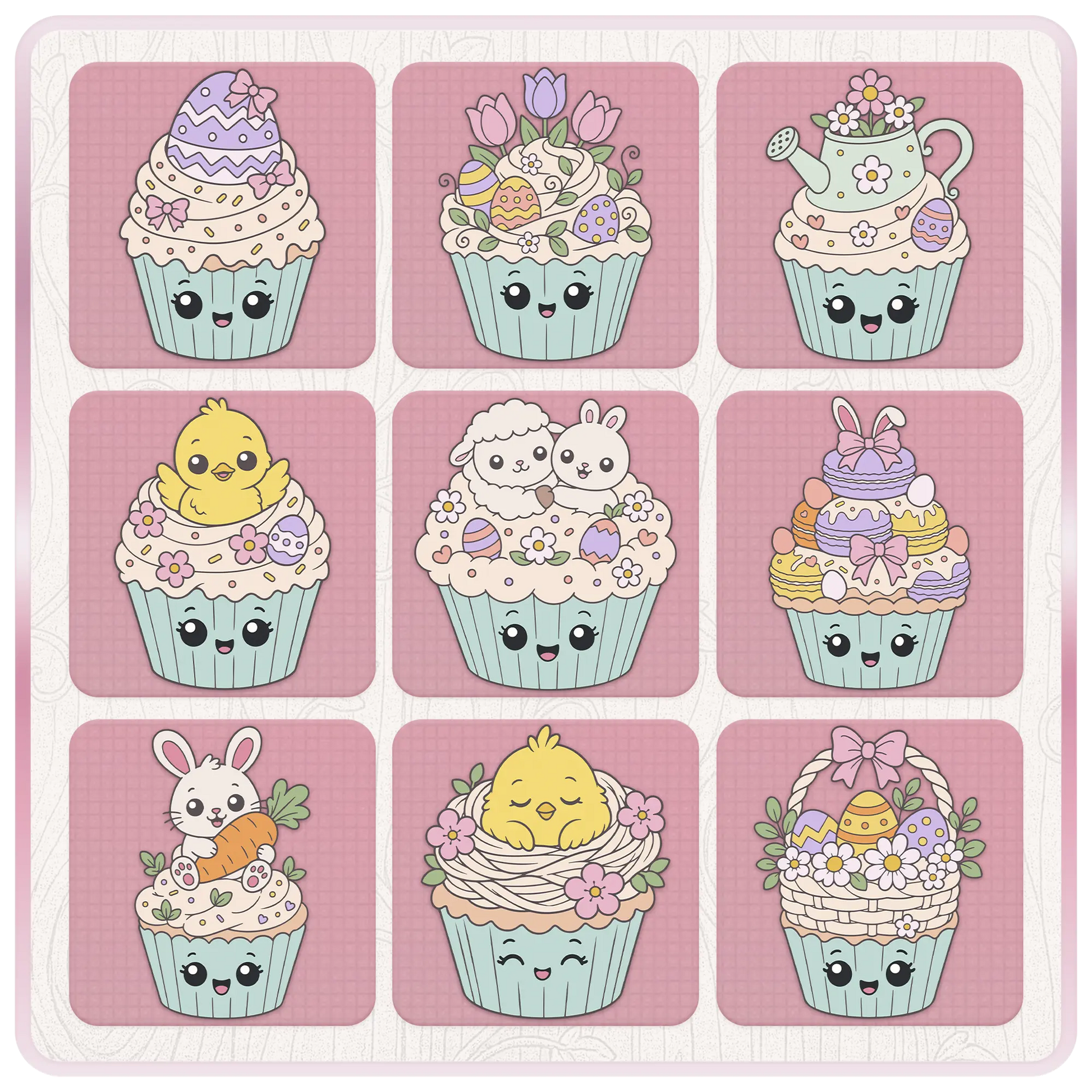 Easter cupcake SVG preview sheet with decorated Easter egg, tulips, watering can, chick, lamb and bunny, macaron stack, rabbit with carrot, bird nest, and Easter basket clipart.