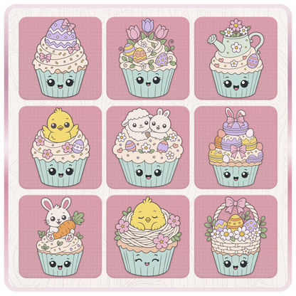 Easter cupcake SVG preview sheet with decorated Easter egg, tulips, watering can, chick, lamb and bunny, macaron stack, rabbit with carrot, bird nest, and Easter basket clipart.