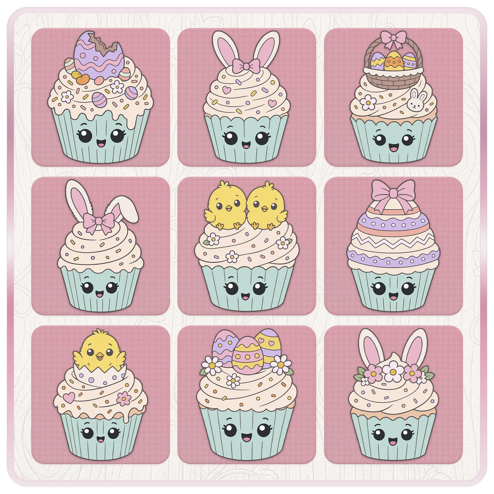 Easter cupcake PNG and SVG preview sheet featuring cracked Easter egg, bunny ears, egg basket, two chicks, large decorated egg, pastel eggs, flowers, and cute bunny cupcake designs.