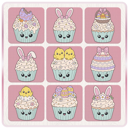 Easter cupcake PNG and SVG preview sheet featuring cracked Easter egg, bunny ears, egg basket, two chicks, large decorated egg, pastel eggs, flowers, and cute bunny cupcake designs.