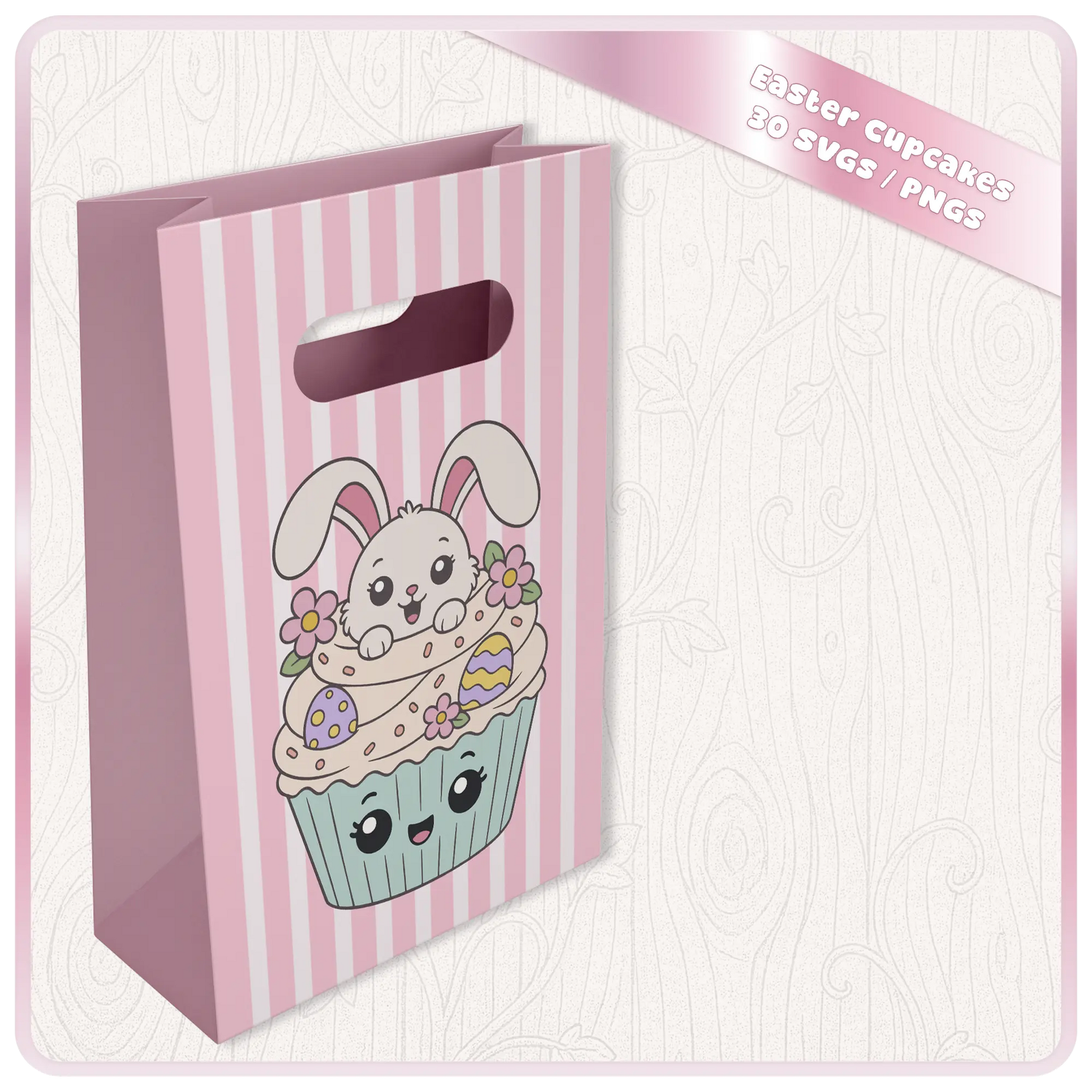 Easter Cupcakes SVG and PNG mockup showing cute bunny cupcake artwork printed on a pink striped Easter gift bag.