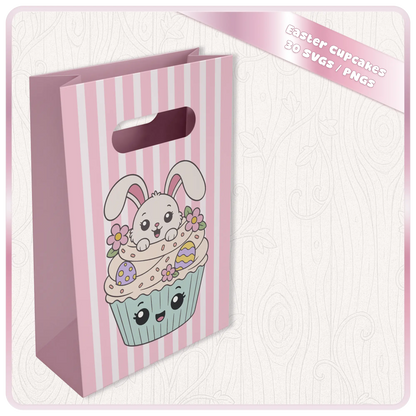Easter Cupcakes SVG and PNG mockup showing cute bunny cupcake artwork printed on a pink striped Easter gift bag.