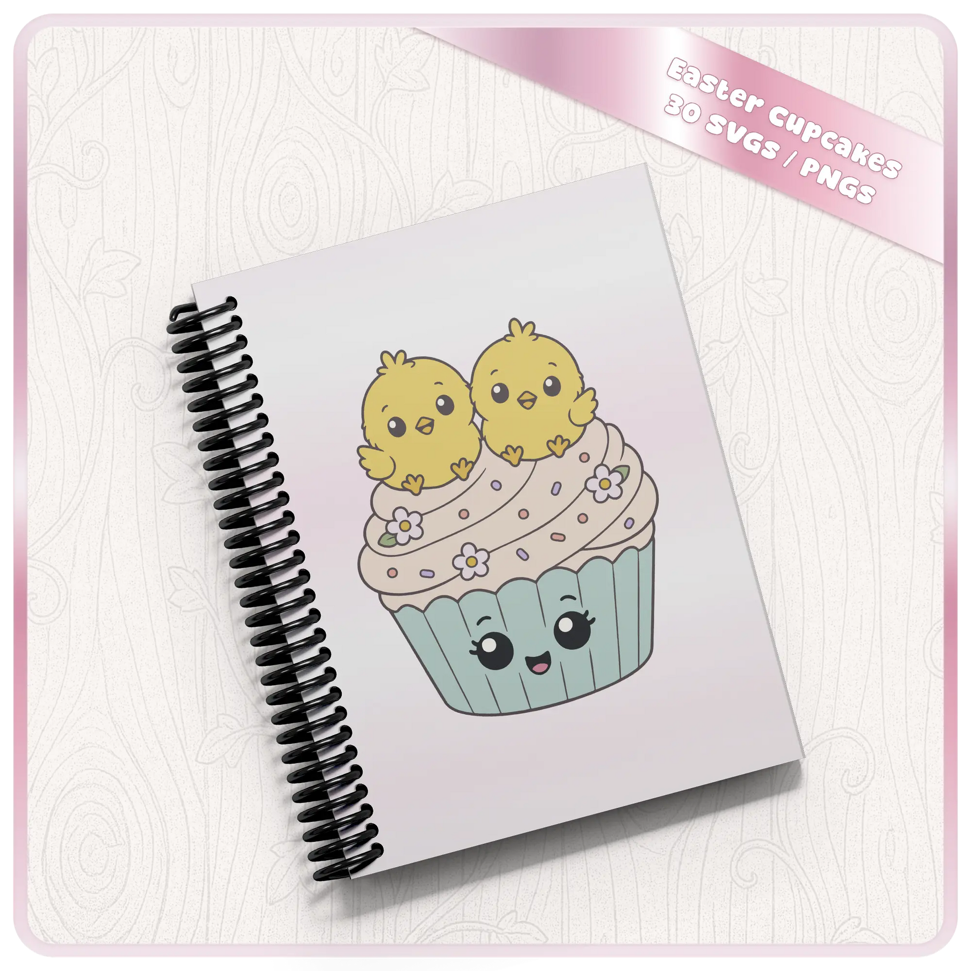 Easter cupcake SVG and PNG mockup showing cute twin chick cupcake artwork on a spiral notebook for spring stationery and printable crafts.