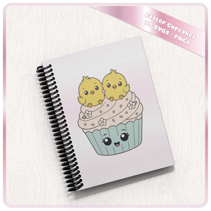 Easter cupcake SVG and PNG mockup showing cute twin chick cupcake artwork on a spiral notebook for spring stationery and printable crafts.