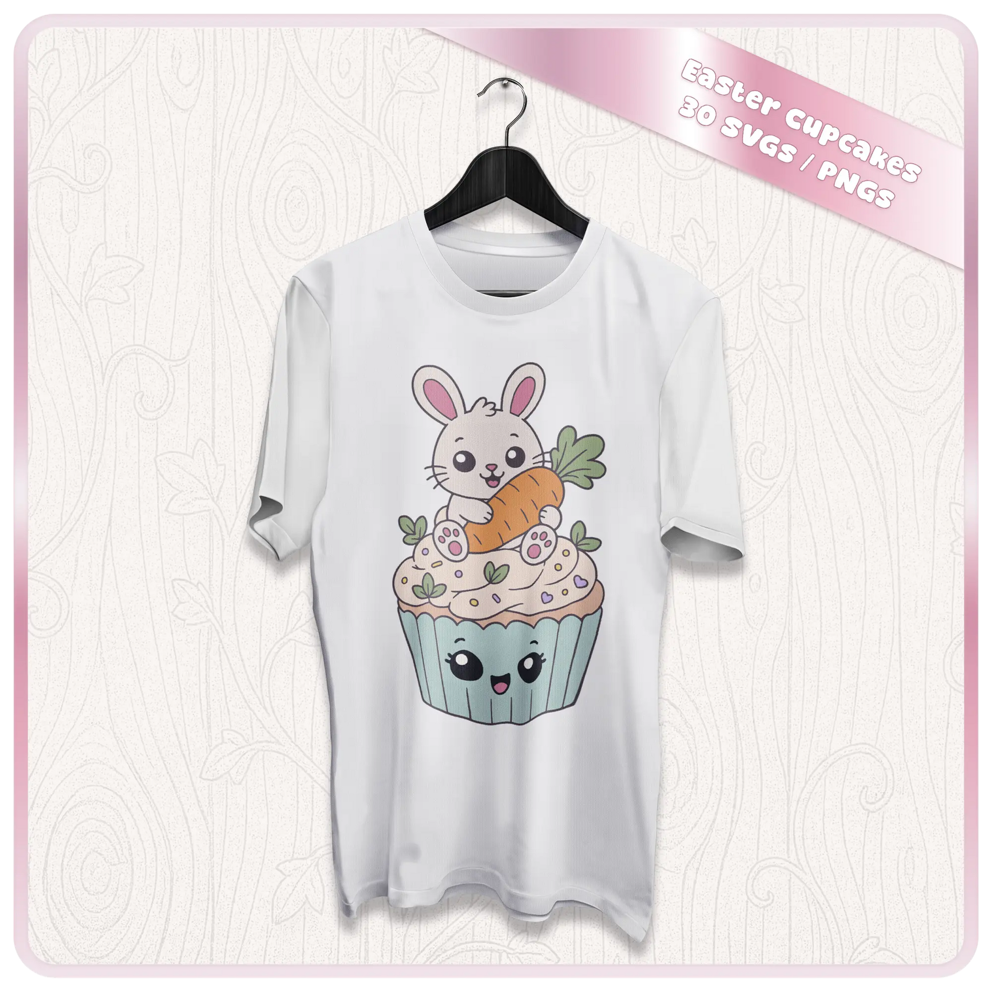Easter cupcake clipart mockup showing cute bunny with carrot cupcake design printed on a white t-shirt for Easter apparel and sublimation projects.