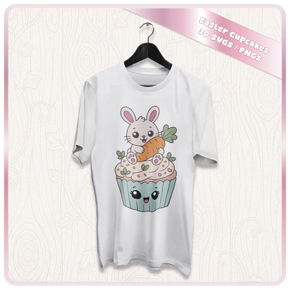 Easter cupcake clipart mockup showing cute bunny with carrot cupcake design printed on a white t-shirt for Easter apparel and sublimation projects.