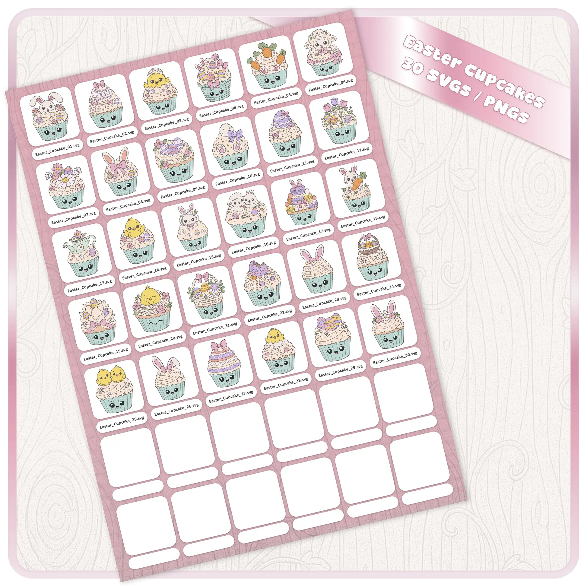 Easter Cupcakes SVG and PNG bundle preview showing 30 cute pastel Easter cupcake clipart files arranged on a digital download sheet.