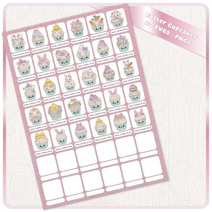 Easter Cupcakes SVG and PNG bundle preview showing 30 cute pastel Easter cupcake clipart files arranged on a digital download sheet.