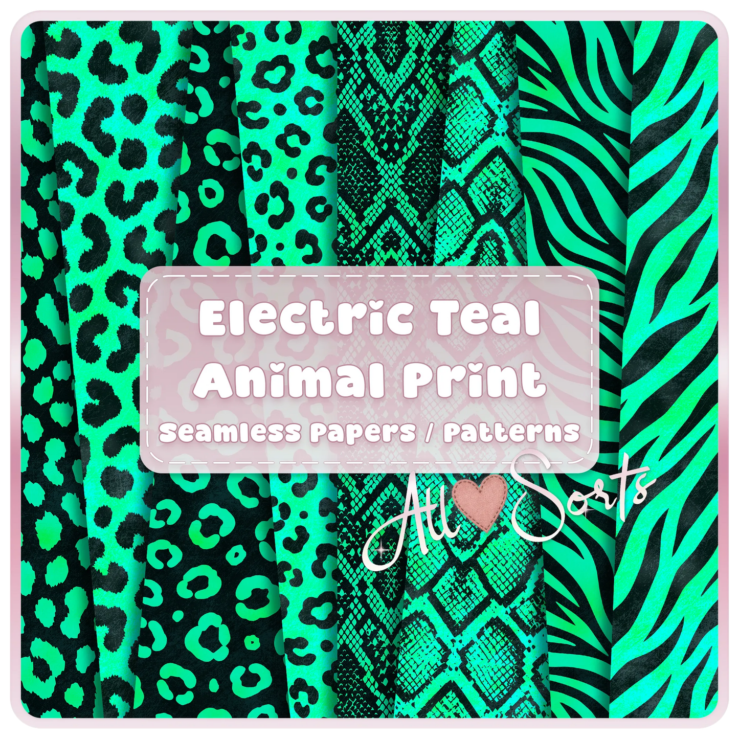 Electric teal animal print seamless digital paper pack preview with black leopard, snake, zebra, and safari patterns by All Sorts Crafts.