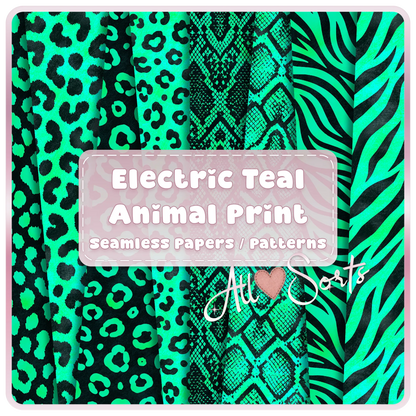 Electric teal animal print seamless digital paper pack preview with black leopard, snake, zebra, and safari patterns by All Sorts Crafts.